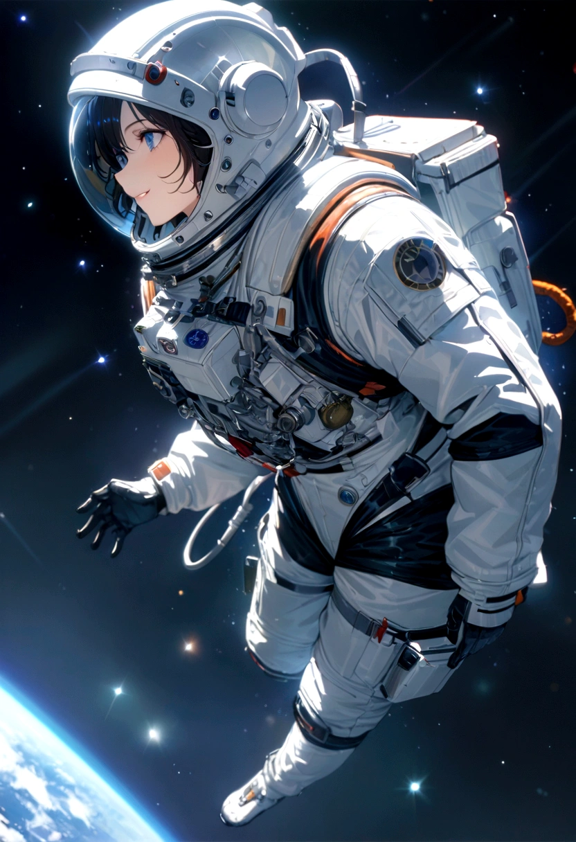 astronaut, intricate detail, Highly Detailed beautiful and aesthetic, amazing quality, (masterpiece), (high quality), wallpaper 8K CG, high resolution, extremely detailed, photorealistic, wide-angle, depthoffield, beautiful detailed fullbody, single human girl, extremely beautiful detailed face and eyes, grin, Beautiful detailed gemological eyes, beautiful detailed face in aerospace helmet, silver aerospace suit, cosmonaut, (The earth looks small), Floating in space, countless stars, innumerable stars, grand space, delicate background, luminous particles, complex details,