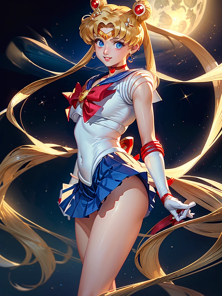 ((Smooth texture:0.75, Realistic texture:0.65, Realistic:1.1, Anime CG Style)), 8K, masterpiece, highest quality, High Resolution, Month 1, 1 girl, alone, Sailor Warrior Uniforms, ((Sailor Moon:1.3)), ((Usagi Tsukino:1.2)), blonde, Magical girl, blue eyes, White panties, ((Red ribbon:1.5)), Red scarf, Elbow hand pockets, Pleated skirt, Navy blue mini skirt, choker, White gloves, jewelry, Earrings, smile, The background is space (Amazing details, Excellent lighting, Wide-angle), full moon, ((Showing panties:1.5)),