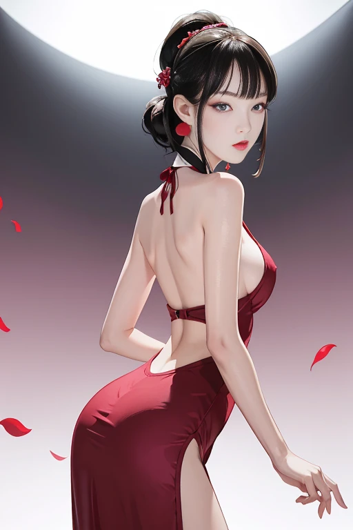 tsuruta ichiro, Narrow-eyed, 1girl in, Allback、deadpan、short-hair、shorth hair、brow、Reluctance、A dark-haired、Tucked Hair Solo, Cowgirl, Onepiece, ((mideum breasts)), Thin slit eyes、Black eyes, Light shines on the eyes、Black hair, gloves, Dress, Luxurious Jewelry, earrings, sharp eye、 elbow groves,Raise your hands and tie your hair back, random color, random color dress, Makeup for long eyes, Slender eyes、lip stick, Complex petal pattern, Rim Light, Back Light, pastel color,Studio Lighting