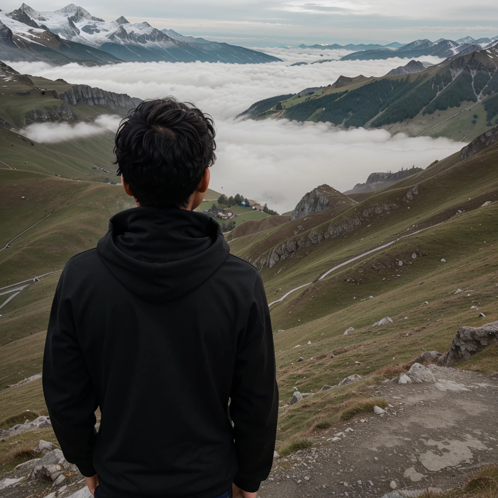 a boy with messy black hair facing his back wearing a black turtleneck and hood on top of the mountain overlooking Switzerland at foggy morning