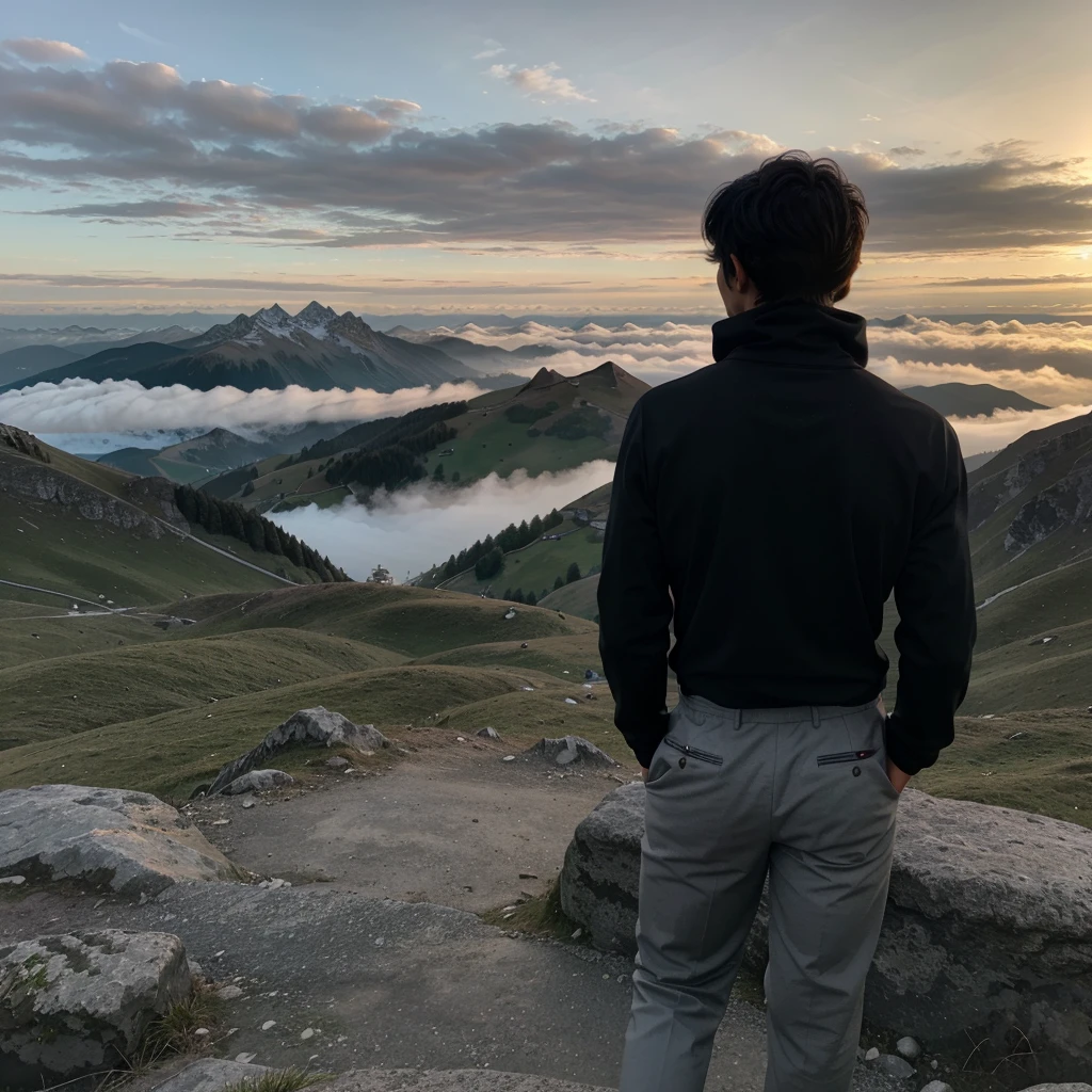 a boy with messy black hair facing his back wearing a black turtleneck and hood on top of the mountain overlooking Switzerland at  foggy morning 