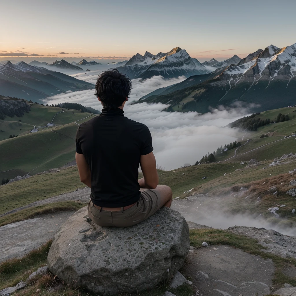 a boy with messy black hair facing his back wearing a black turtleneck and hood on top of the mountain overlooking Switzerland at  foggy morning 