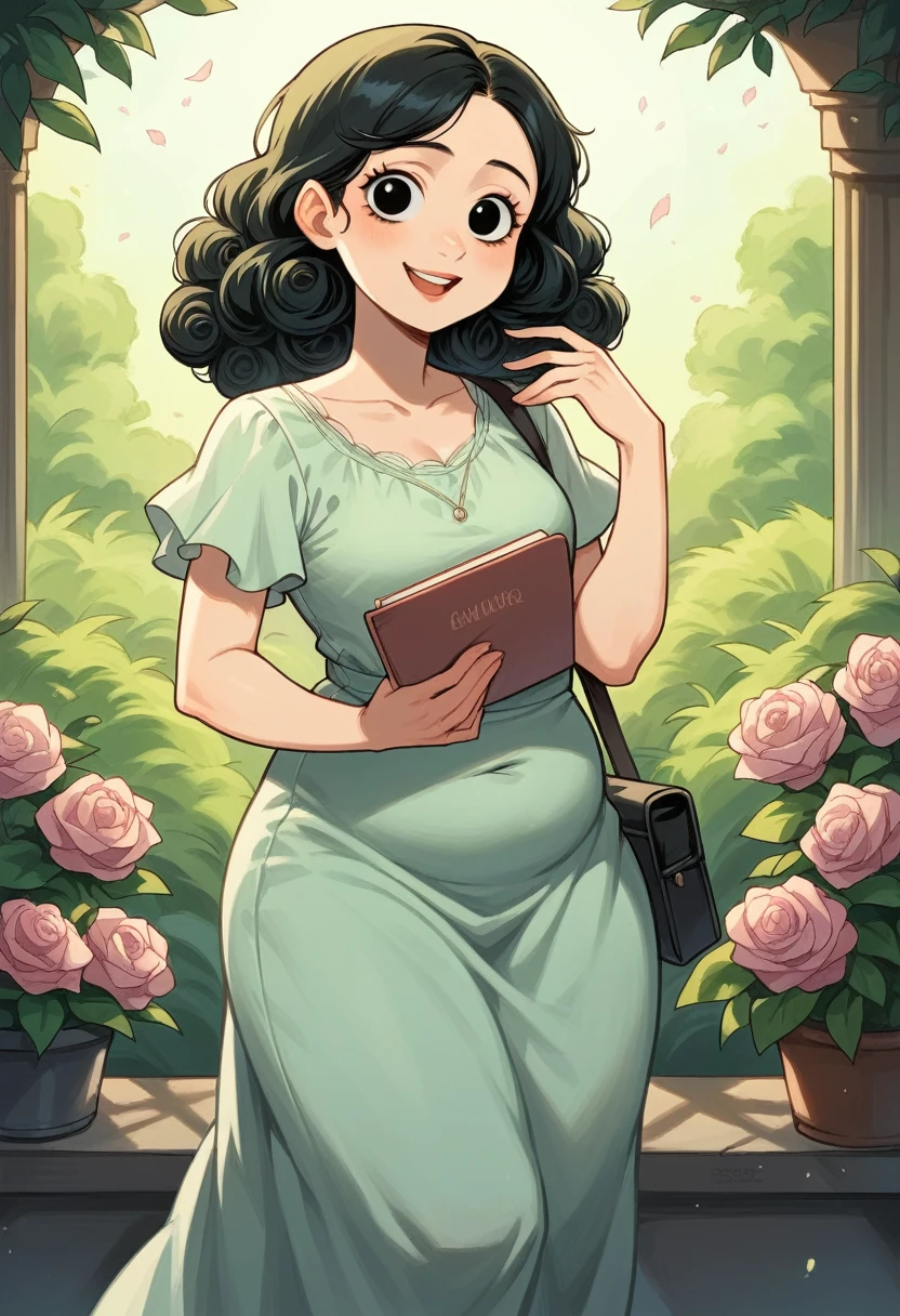 alone, 1 woman 40 years old, mulatto, chubby, Slim waist wide hips, black eyes, Round face, curly hair, dark lit short, long side stripe, wearing long gown, with side bag , notebook in hands, garden background, express me happy, Pixar-style