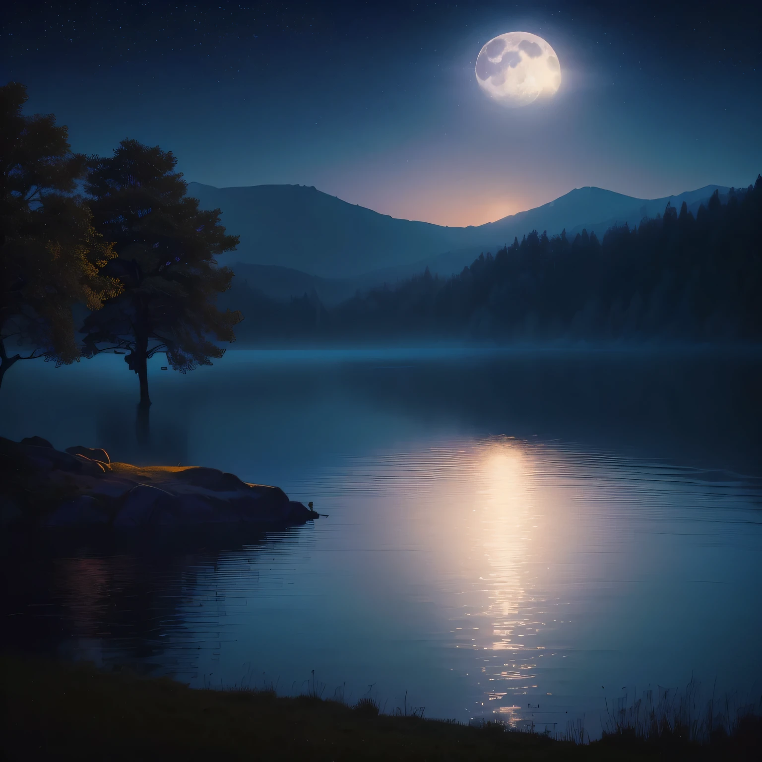 Night view of full moon and trees on lake shore, A quiet night. digital illustration, twilight ; Digital painting, nature landscape at night, soft blue moonlight, Soft moonlight lighting, moonlight glow, Moonlit night dreamy atmosphere, beautiful moonlight night, beautiful light landscape, Moonlight Background, beautiful moonlight, Moonlight Background, mystical lake, peaceful scenery