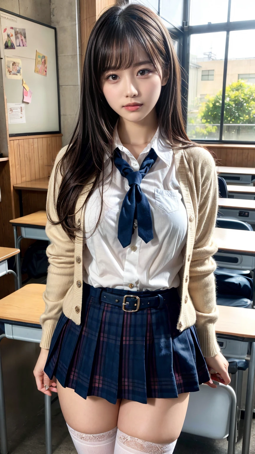masterpiece, best quality, illustration, Super detailed, fine details, High resolution, 8K,wall paper, perfect dynamic composition,(Details High quality, realistic depiction of eyes:1.3), High School Classroom、High school girl uniform、Cardigan、Super Short Check Uniform Skirt、Navy blue high socks、garterbelts、Colossal tits、Disturbed uniform、short bob hair, black hair color, Big Natural Color Lip, bold sexy pose, (perfect body shape), crying a little、Harajuku style、20 year old girl、cute type, beautiful legs, hposing Gravure Idol, Voluptuous thighs