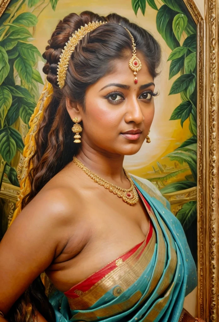 Looks like Nayanthara, exotic Indian art, inspired by oviyar maruthi style painting, inspired by mohanan manimala, Full figured beautiful woman, Apsara, Masterpiece, Beautiful Thick Woman, Best quality, high clarity eyes, critically flawless,sharp picture, Full portrait, High pixels, perfect face, perfect eyes, beautiful face, perfect hands,perfect fingers, in Peter Paul Rubens style, by Peter Paul Rubens, baroque style, acrylic on canvas, highly detailed, description: "Create a nymph inspired by the tales of Greek or Roman mythology, embodying the essence of a natural element or location, and possessing a unique ability or trait that sets her apart."
