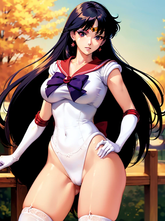 masterpiece, best quality, ultra detailed, 1girl, Sailor Mars, (sexy, beautiful woman, perfect face, perfect eyes, perfect female body, big breasts), stockings with lace trim, garter belt, (standing on a scyscraper, summer sky, sunny), perfect lighting, smooth, hdr
