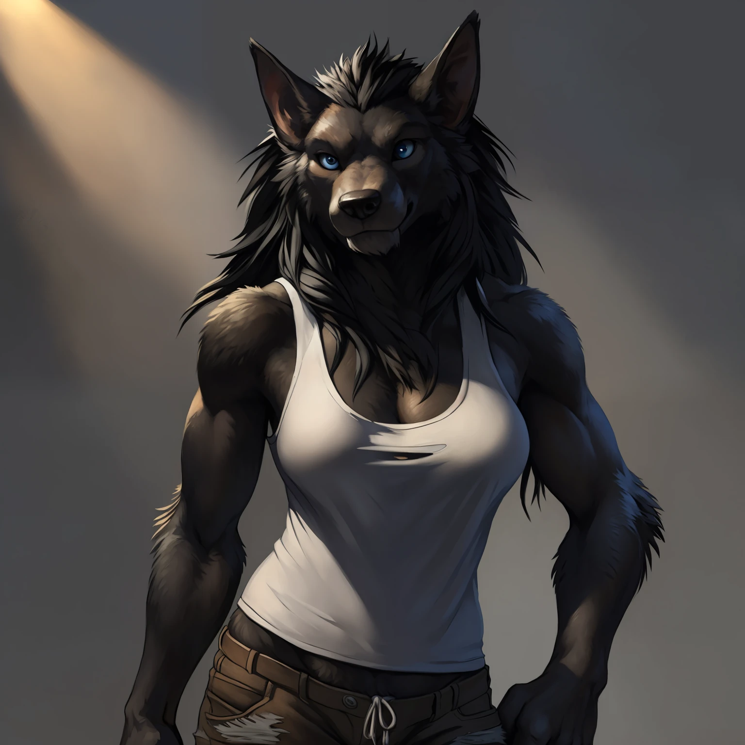 solo, ultra detailed), a beautiful and detailed full size portrait of a female anthro, canid, worgen, ((black body, dark skin, fur, long hair, black hair)), big body, adult, mature, fur, non-mammal breasts, looking at viewer, blue eyes, detailed background, looking at viewer, detailed eyes, sexy body, goddess, kenket, Ross Tran,ruan jia, trending on artstation, foxovh, ((torn white tank top, torn brown pants)), ((front view)), big butt, ((submissive pose, weak, scared, terrified)), simple background, grey background