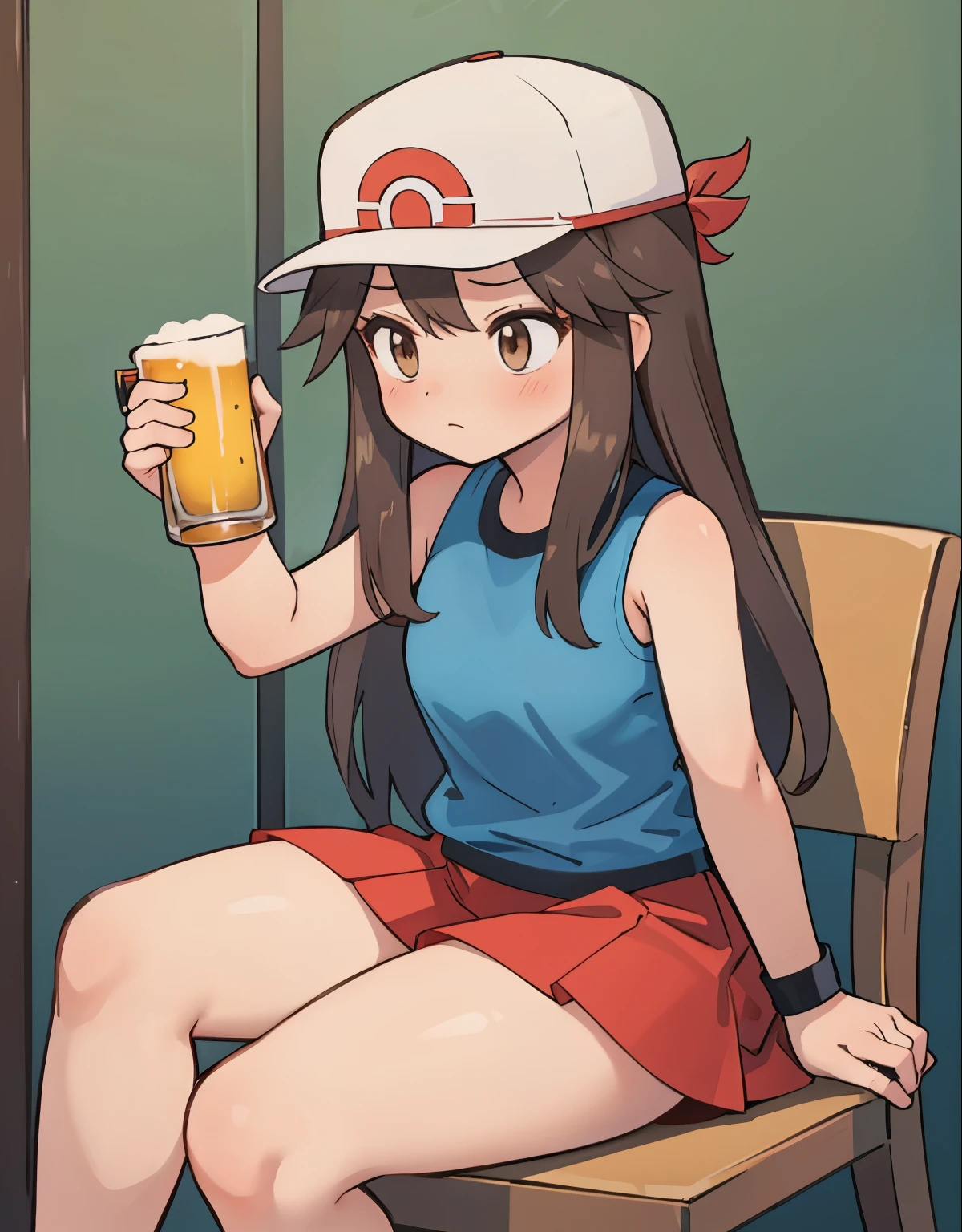 a shy girl sitting on a chair, full body, 1trainerleaf1, sleeveless shirt, black wristbands, visible thighs,thick thighs,red skirt,blue shirt, brown eyes, white hat, innocent look, she is in a , people around dancing, she is shy and holds a small glass of beer,