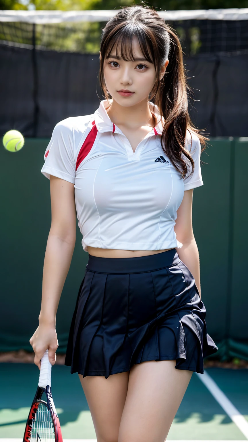 masterpiece, best quality, illustration, Super detailed, fine details, High resolution, 8K,wall paper, perfect dynamic composition, front view, standing, 18 year old girl, tennis player, Gravure Idol, cute type, (Details High quality, realistic depiction of eyes:1.3), (Colossal tits:1.2), expresses the roundness and softness of your chest., low ponytail, bangs, black hair color, Dark makeup, Big Natural Color Lip, thick thighs, perfect body shape, plump figure, large hips, beautiful clavicle, white tennis uniform, short sleeve, shirt, skirt, socks, tennis shoes, depth of fields, natural lighting