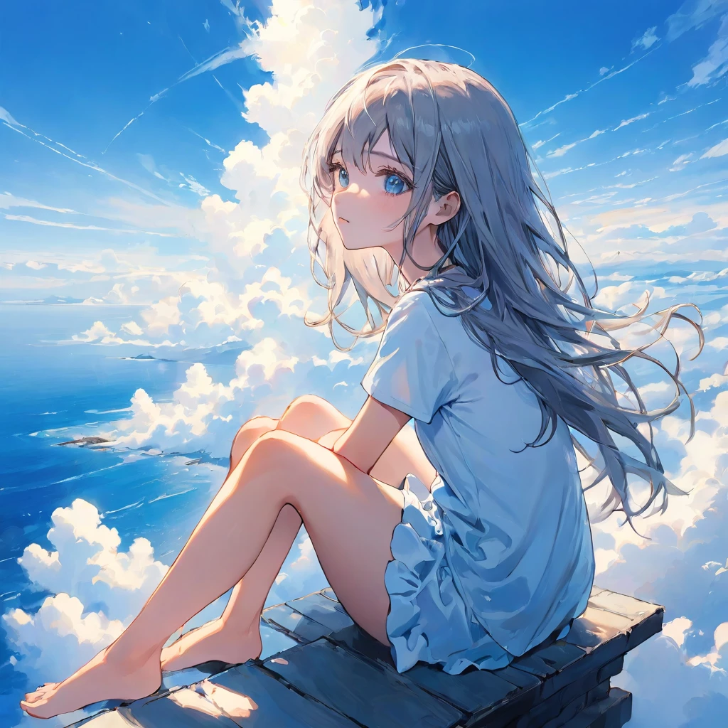 finely detailed illustration, vibrant color,High resolution、８ｋ、pretty girl、One Girl、Perfect and detailed eye drawing、Highest quality、masterpiece、detailed eye and face, A thin tower stretching high into the sky、Cylindrical tower、sea of clouds、blue sky、Sitting cross-legged、Hair blowing in the wind、Gray Hair、Girl staring into the distance、White clothes、barefoot、Full body angle、sea of clouds
