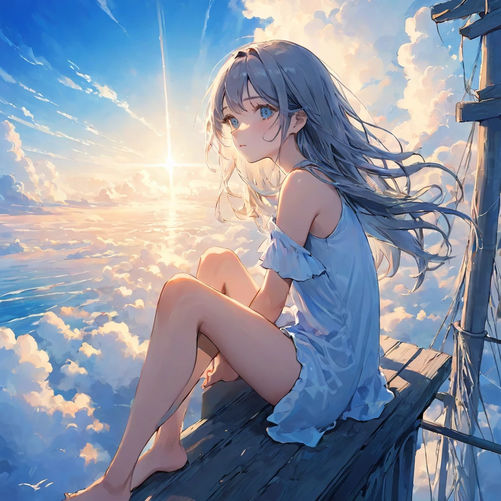 finely detailed illustration, vibrant color,High resolution、8k、pretty girl、One Girl、Perfect and detailed eye drawing、Highest quality、masterpiece、detailed eye and face, A thin tower stretching high into the sky、Cylindrical tower、sea of clouds、blue sky、Sitting cross-legged、Hair blowing in the wind、Gray Hair、Girl staring into the distance、White clothes、barefoot、Full body angle、sea of clouds