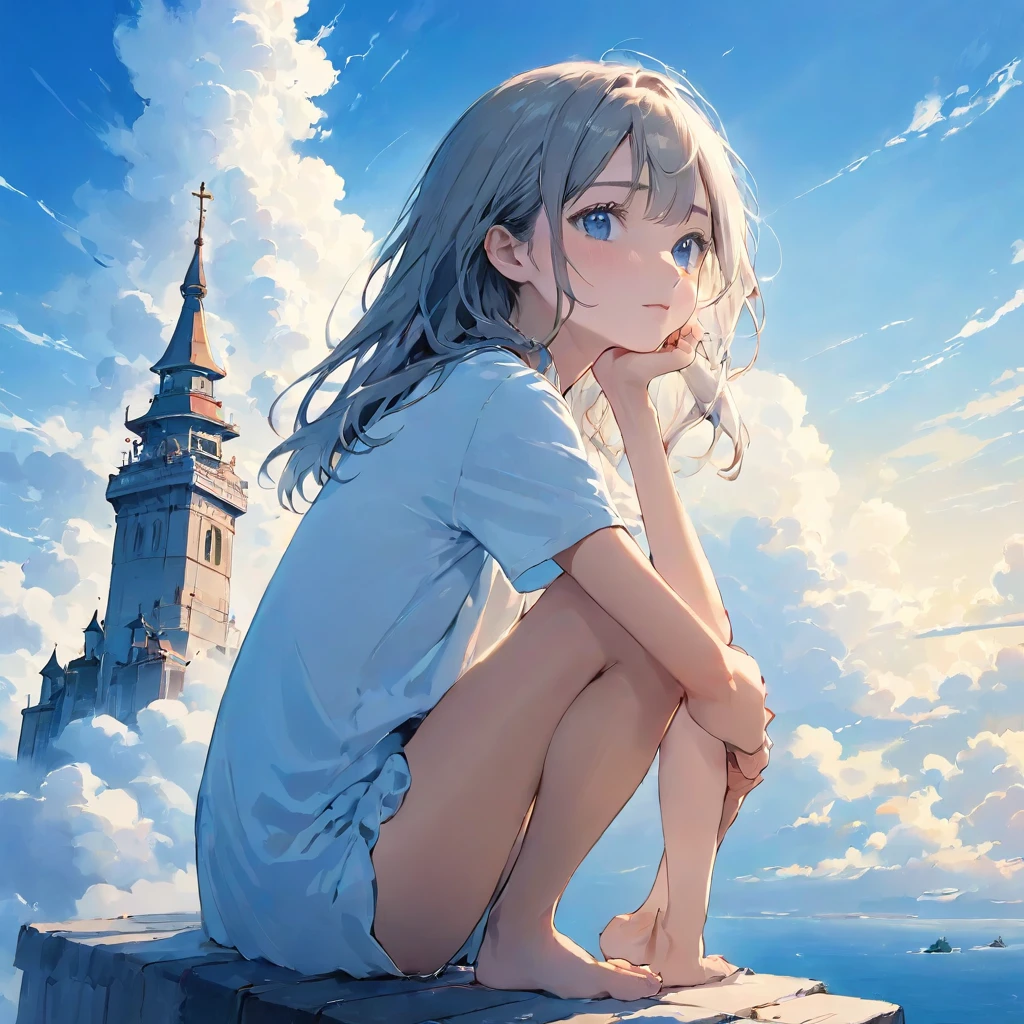 finely detailed illustration, vibrant color,High resolution、８ｋ、pretty girl、One Girl、Perfect and detailed eye drawing、Highest quality、masterpiece、detailed eye and face, A thin tower stretching high into the sky、Cylindrical tower、sea of clouds、blue sky、Sitting cross-legged、Hair blowing in the wind、Gray Hair、Girl staring into the distance、White clothes、barefoot、Full body angle、sea of clouds