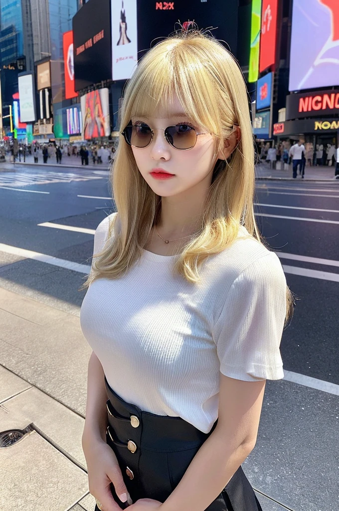 8k, highres, UHD, best quality,  soft light, ultra highres, (photorealistic:1.4), RAW photo,(high resolution detail of human skin texture), realistic, white dress shirt, short sleeves, cropped shirt, very long hair, straight hair,  (blonde hair:1.4), (blue eyes:1.15), blunt bangs, tight denim skirt, micro mini skirt, wristwatch, necklace, sunglasses on forehead,
1japanese girl, solo, (pupil, lights in the eyes), detailed beautiful face, Facing front, Body facing forward, looking at viewer, annoyed, standing,  cowboy shot, navel, thighs, , under , black pantyhose, 
outdoors, Walking in Times Square, crowd, 