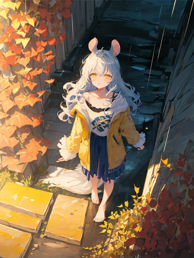 (best quality:1.5), dimmed color, (darkness:1.3), (night:1.3), Underexpose Lighting, 1girl, solo, smaller female, yellow eyes, glowing eyes, Indigo blue hair, messy hair, wavy hair, hair over eyes, half closed eyes, brown clothhes, (torn clothhes:1.2), rat ears, rat tail, collarbone, barefoot, (walking:1.1), looking up, (shoot from above:1.2), listless, downer, (dark forest:1.2), (rain1.2), puddle, mist