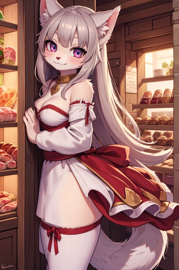 ((best quality)), ((masterpiece)), (Detailed), 1 happy wolf girl in a shop full of salami hanging from walls, sparkly eyes