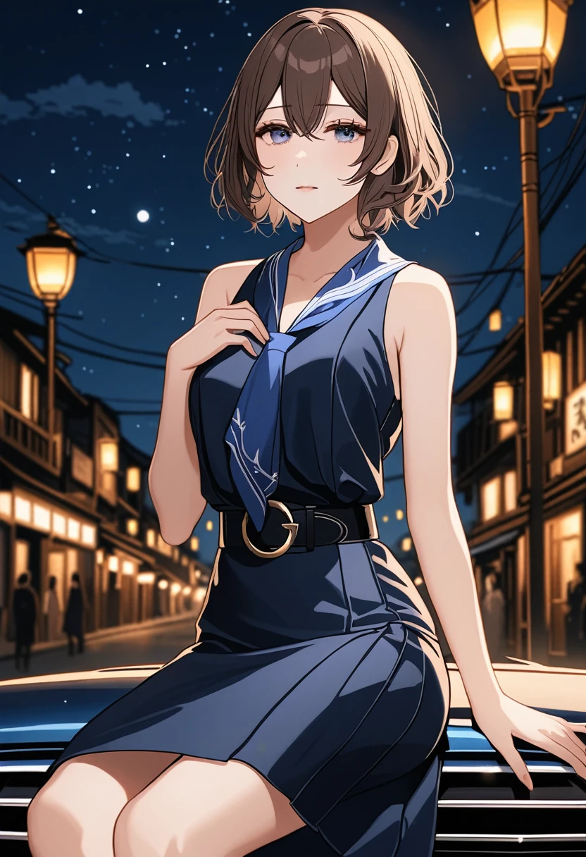 masterpiece, (best quality:1.2), (an extremely delicate and beautiful:1.2), newest, rating:general, expressive eyes, perfect face, perfect hands, (((1girl, full body))), BREAK, pretty young asian woman, pale skin, brown hair, short curly hair, (wearing cornflower-blue ripped sleeveless shirt, collared shirt, navy-blue neckerchief, navy-blue pleated pencil skirt, ripped skirt, black belt with gold circle buckle), sleeping, closed eyes, sitting on car seat, night scene, BREAK, (cornflower-blue ripped sleeveless shirt, collared shirt, navy-blue neckerchief, navy-blue pleated pencil skirt, ripped skirt, black belt with gold circle buckle), realistic