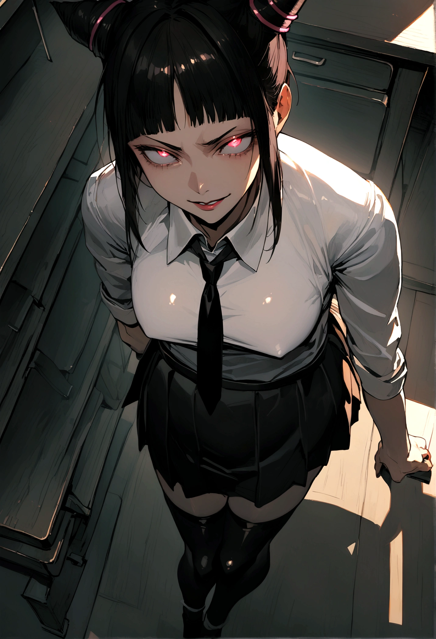 Juri Han, artwork, tight white secretary shirt with black tie, skirt short preta, skirt short,sock, Bblack hair, blackstockings,evil smile,DESK,bangs on the eyes,lighting,horn of hair,from above view,staring overhead