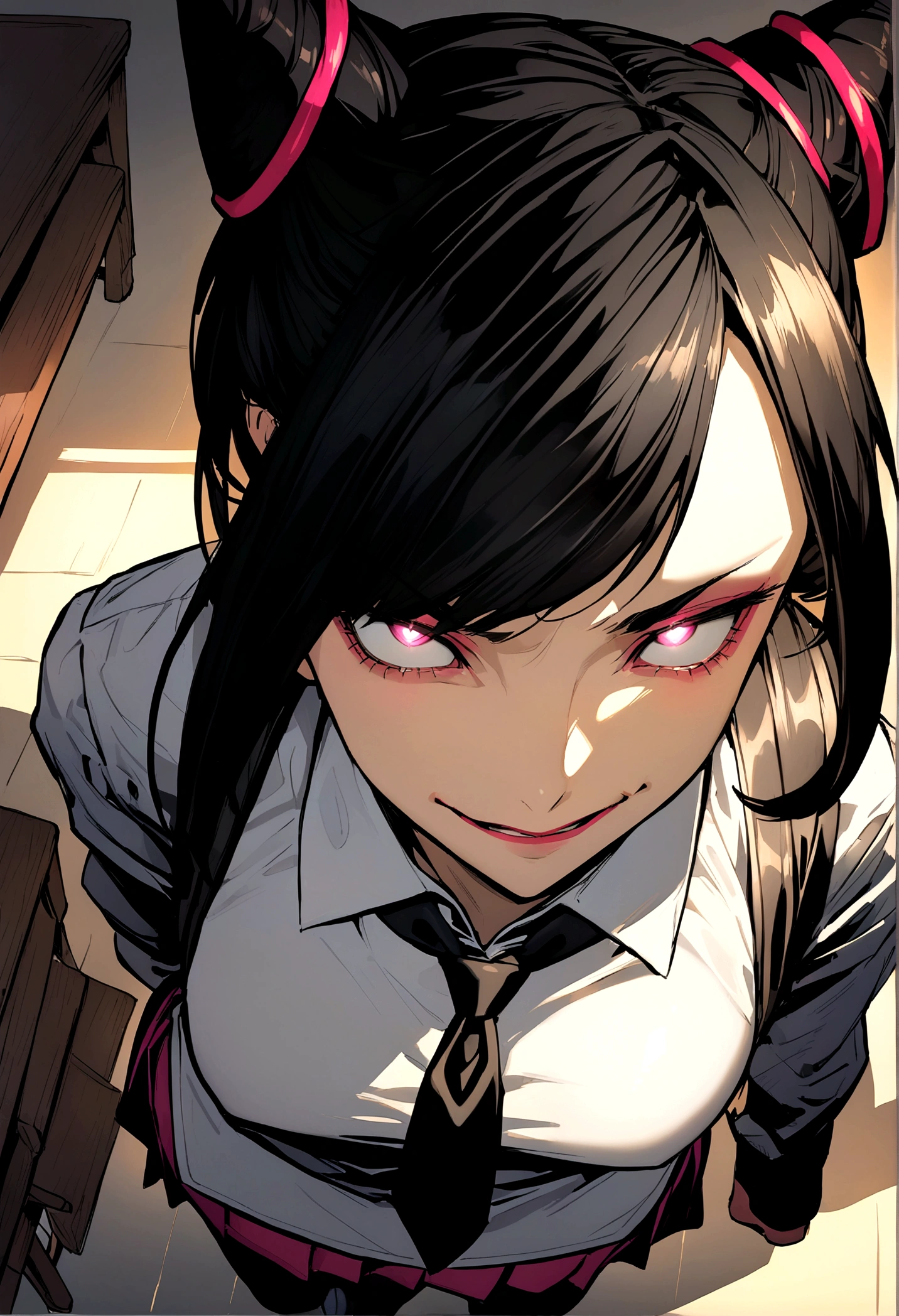 Juri Han, artwork, tight white secretary shirt with black tie, skirt short preta, skirt short,sock, Bblack hair, blackstockings,evil smile,DESK,bangs on the eyes,lighting,horn of hair,from above view,staring overhead
