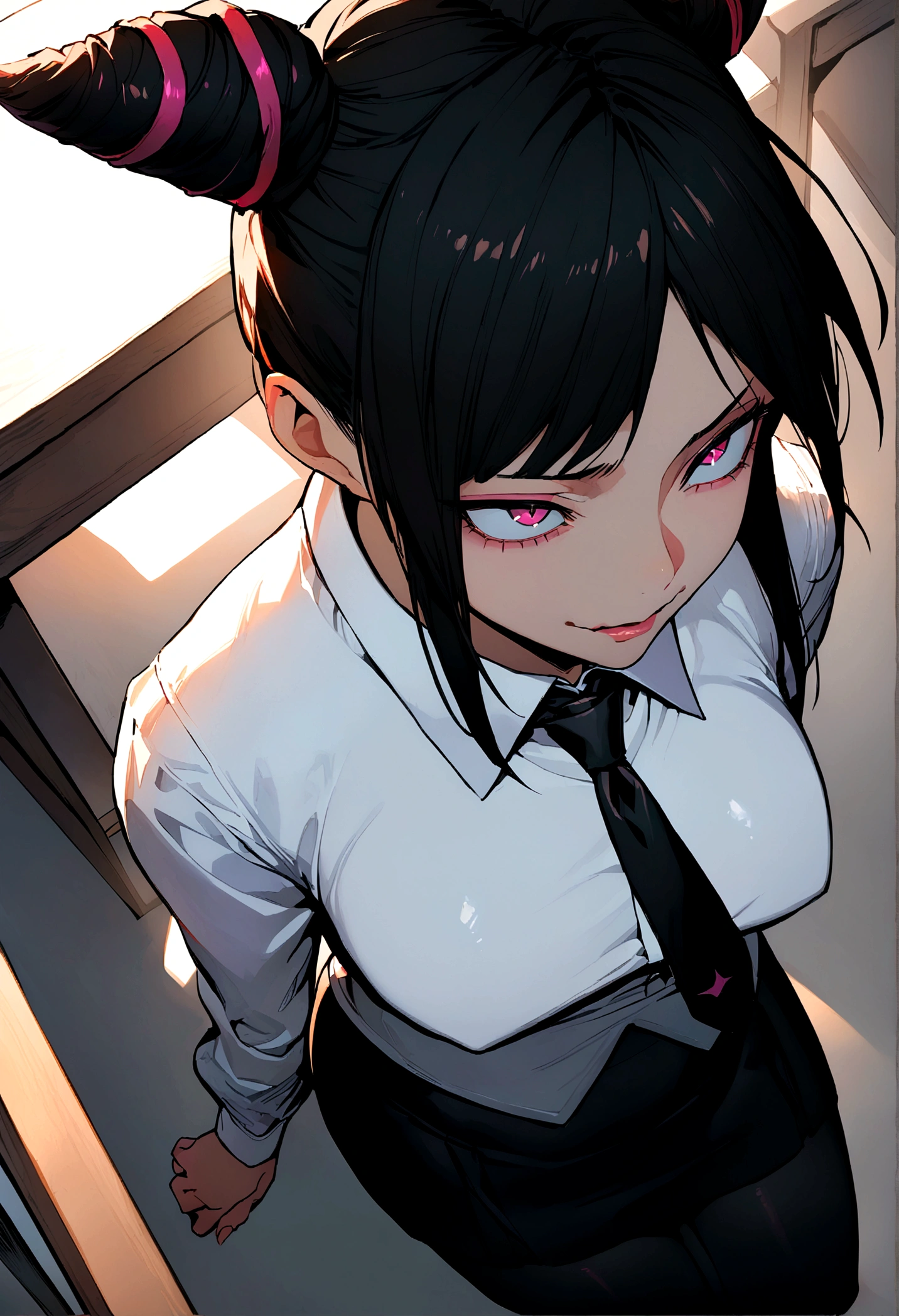 Juri Han, artwork, tight white secretary shirt with black tie, skirt short preta, skirt short,sock, Bblack hair, blackstockings,evil smile,DESK,bangs on the eyes,lighting,horn of hair,from above view,staring overhead
