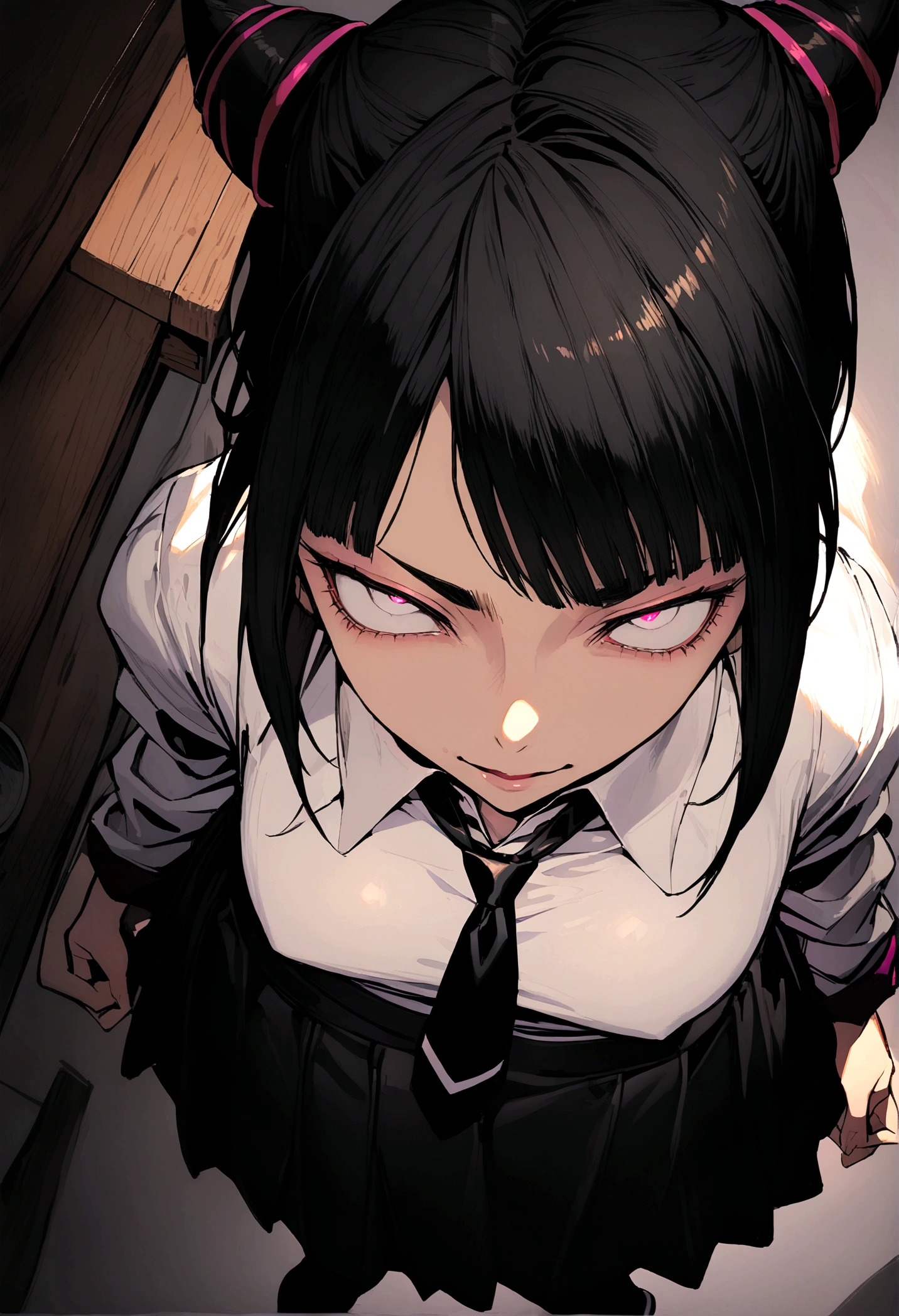 Juri Han, artwork, tight white secretary shirt with black tie, skirt short preta, skirt short,sock, Bblack hair, blackstockings,evil smile,DESK,bangs on the eyes,lighting,horn of hair,from above view,staring overhead
