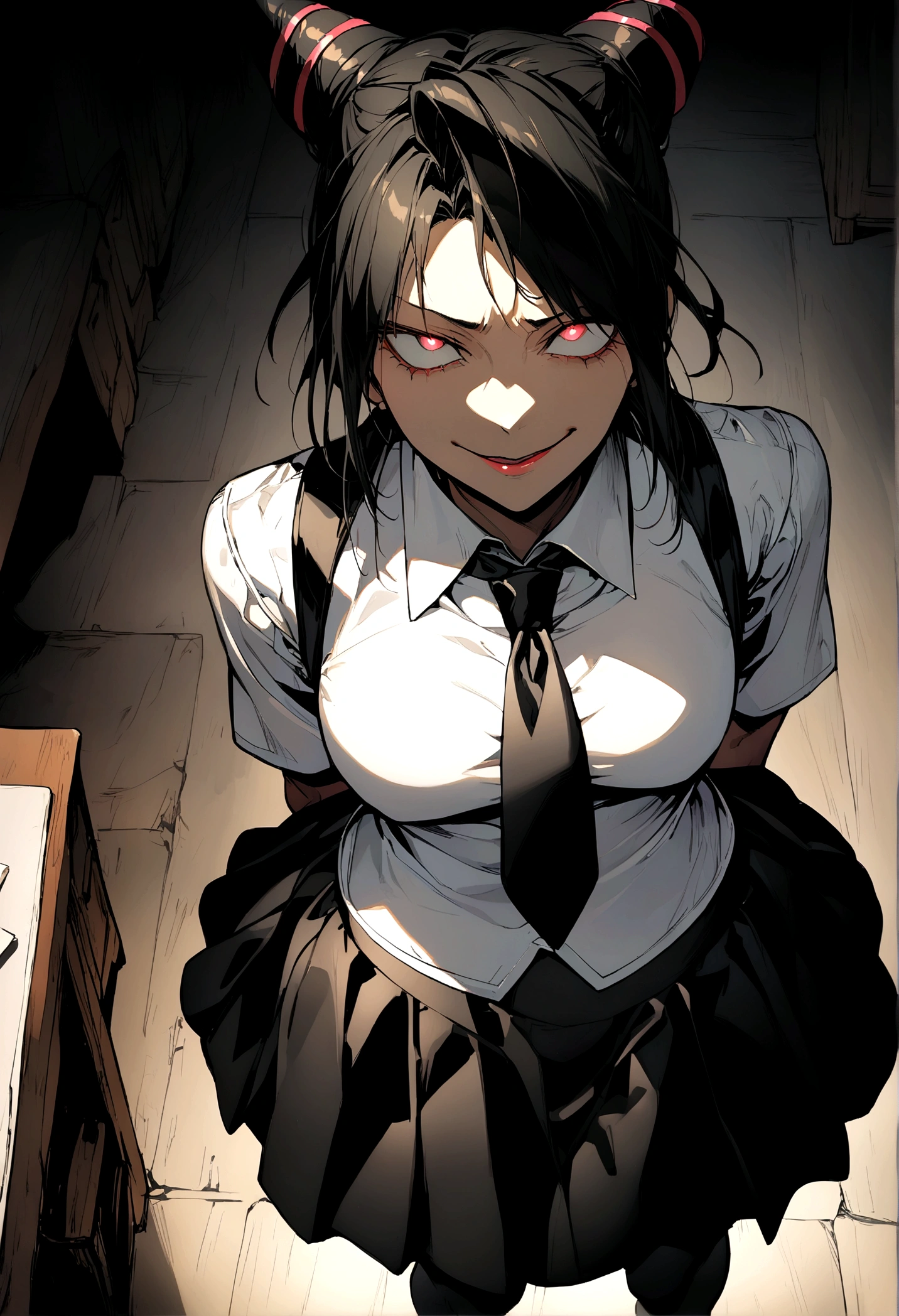 Juri Han, artwork, tight white secretary shirt with black tie, skirt short preta, skirt short,sock, Bblack hair, blackstockings,evil smile,DESK,bangs on the eyes,lighting,horn of hair,from above view,staring overhead
