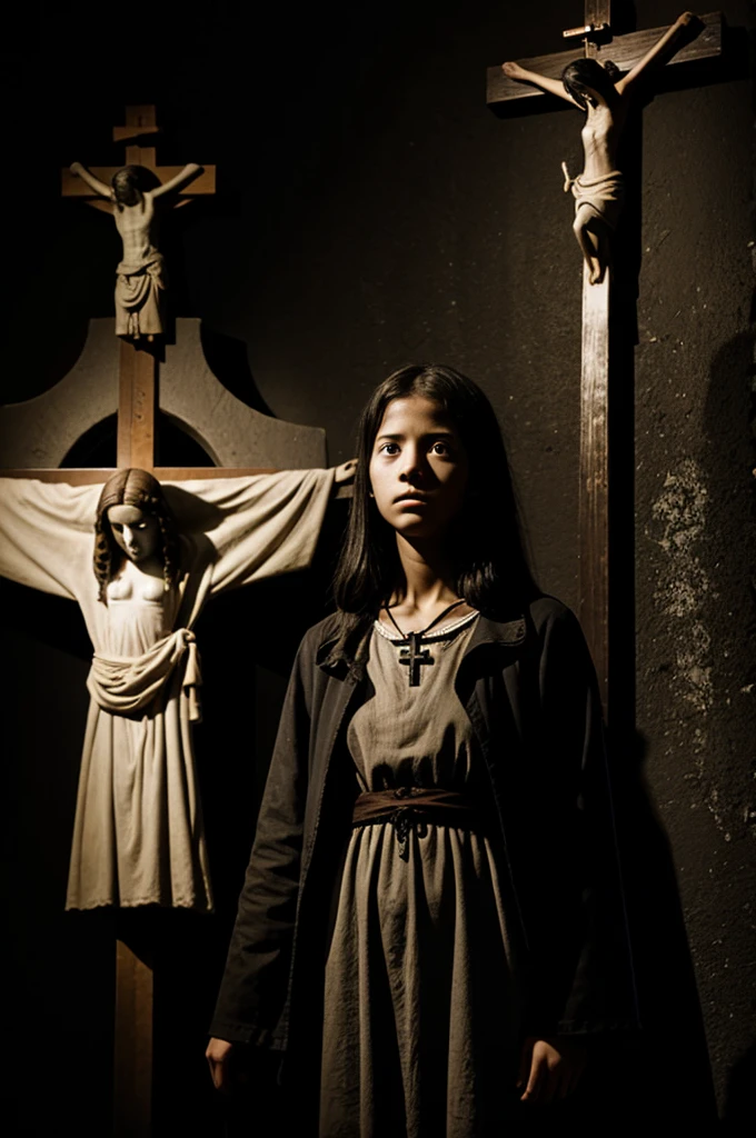 Eyeless girl in darkness with a crucifix in her right hand