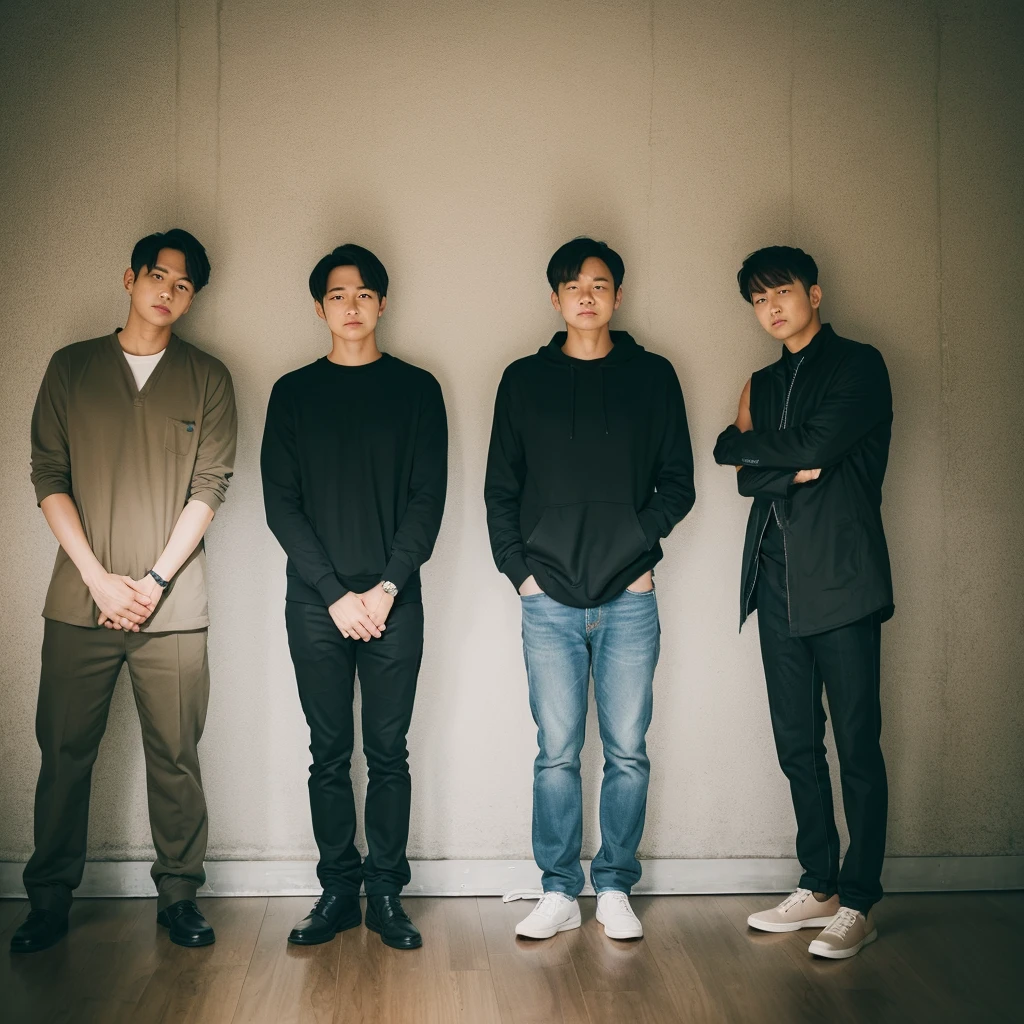 Three men standing side by side with their arms around each other&#39;s shoulders, 上半身naked, (((下半身naked))), athletic, Tall handsome man, Cute guy, Twink, Muscular body, naked, Six Pack, ((each with arm over the other's shoulder))