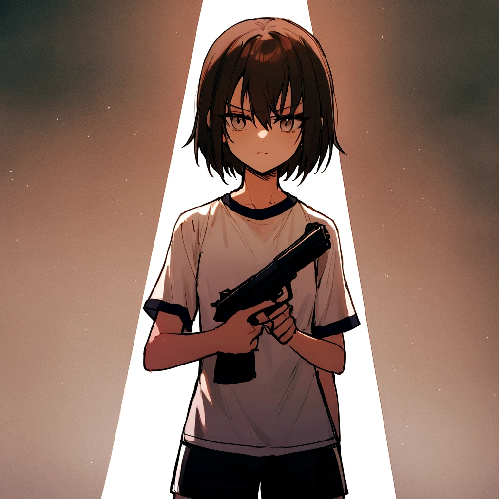 make me a girl, 16yo, sporty shirt and sporty shorts, gun in her hands, she's serious, dark brown short hair, grey eyes