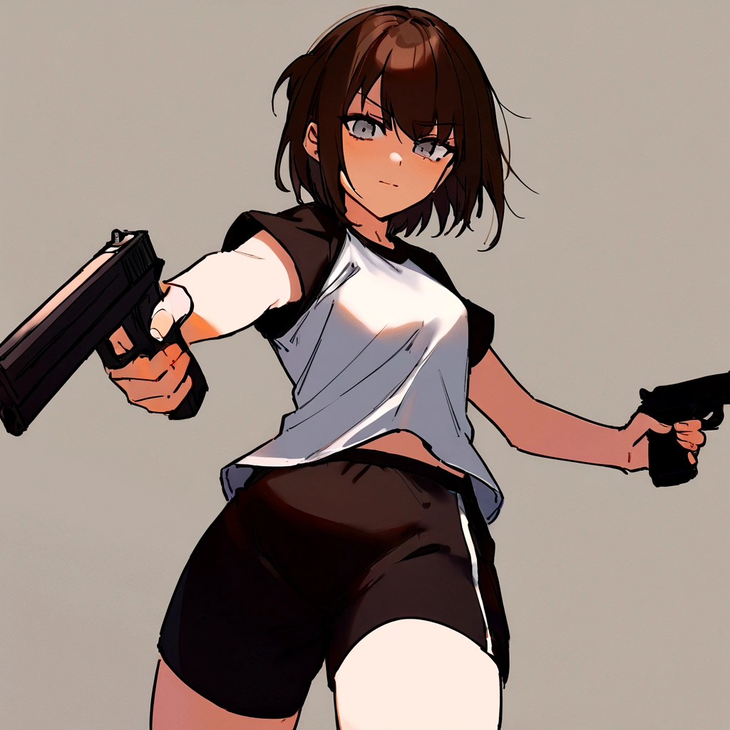 make me a girl, , sporty shirt and sporty shorts, gun in her hands, she's serious, dark brown short hair, grey eyes