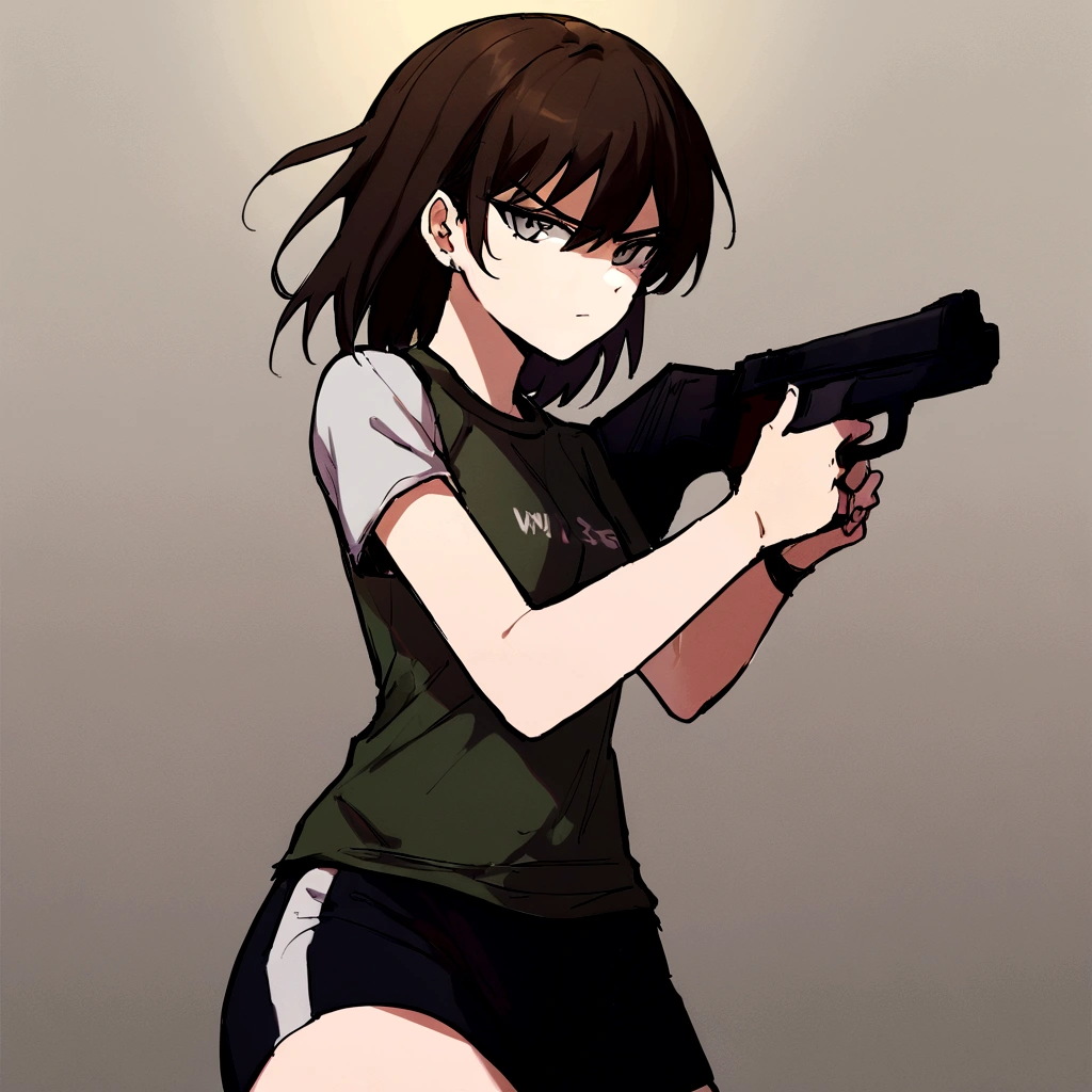 make me a girl, , sporty shirt and sporty shorts, gun in her hands, she's serious, dark brown short hair, grey eyes