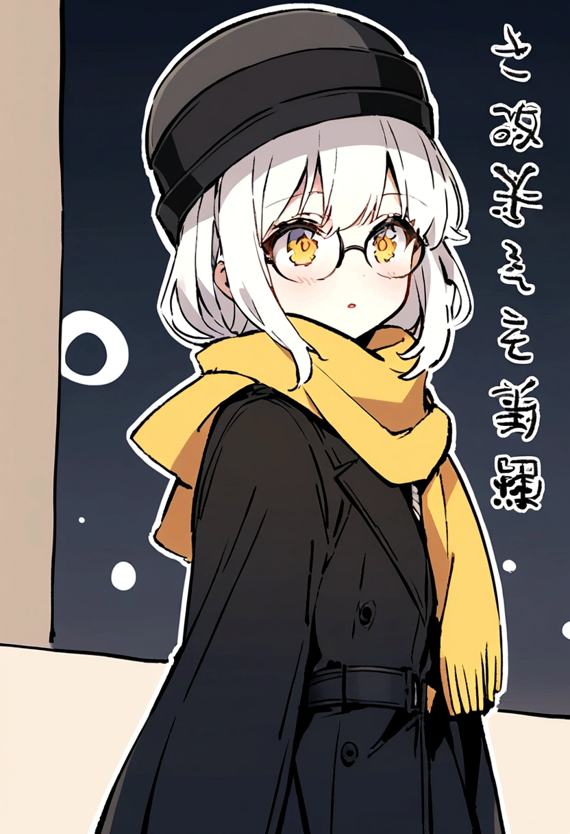 Cold expression anime girl with white hair wearing a black overcoat,yellow scarf tied in a reverse drape,bowler hat and wearing a round glasses while holding a cane