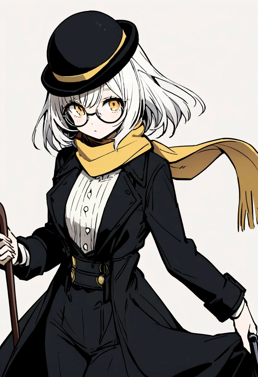 Cold expression anime girl with white hair wearing a black overcoat,yellow scarf tied in a reverse drape,bowler hat and wearing a round glasses while holding a cane