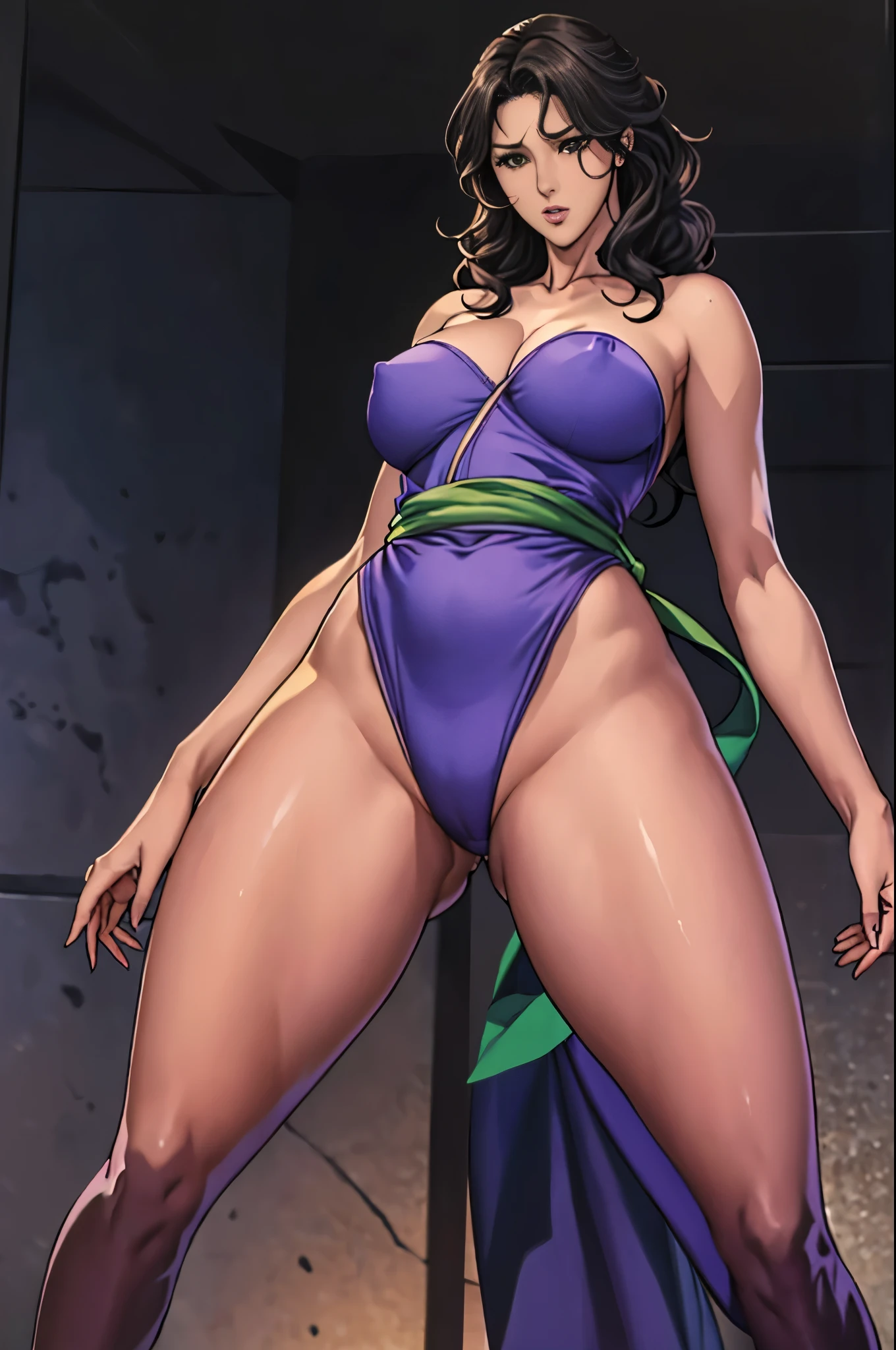 woman((28 years old)), hair((Wavy, Black)), eye((smart eye, green)), Clothes((Purple bodysuit, Strapless, No sleeve, Green sash,)), girl，alone，Gray background，Artistic lighting，Beautiful Asian Goddess，eyelash, Red lipstick, (Shiny costumes),(Wearing a belt around his waist),Sensual,(風に吹かれるhair),Graceful features，No sleeve，Mature Woman, 成熟したwoman,Detailed fingers, Perfect hands, Length 180cm,Small face,sweating,Soft thighs,Sexy legs,Sexy ass, Cleavage,Open the chest,Smooth thighs and legs，((Amazing orgasm)),大きなSexy ass, Perfect Body Proportions, Slim waist,Nipples visible,Tight waist,(Long legs:1.4),F cup bust,Huge :1.3，perspective:1.2，Looking at the audience，Character-centric，symmetry diagram，whole body:1.5，From below:1.3，Abdominal shot