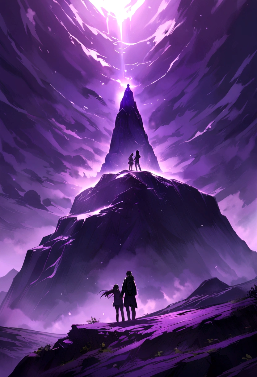 Two people talking on top of a purple mountain