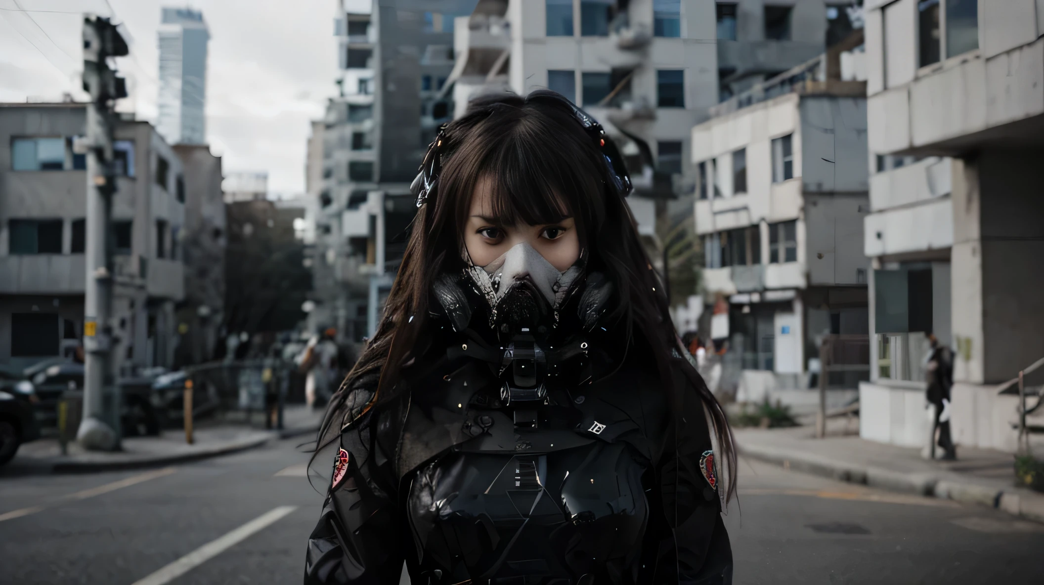 This is a CG Unity 8k wallpaper with ultra-detailed, high-resolution and top quality in cyberpunk style, dominated by black and red. In the picture, a beautiful girl with white messy long hair, a delicate face, wearing a steam mecha mask, standing on the ruins, behind her is a huge robot, and the action of a woman holding a gun in her hand,