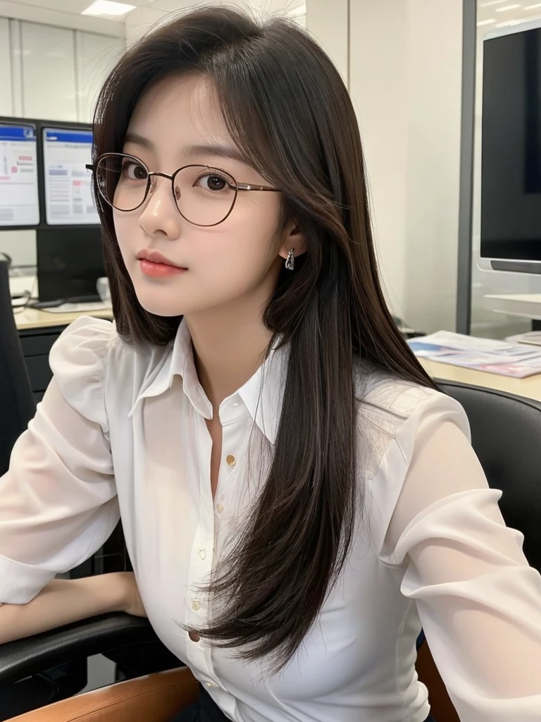 Han Julie is a young Korean woman in her 28s. Her hair is long in a dark color.
Her face is oval and marked by her large brown eyes, which carry a cold, unexpressive face. Her skin is radiant and clear, presenting an impeccable state of health and her curved lips.
Her height is medium, her body athletic and defined, with the most charming and provocative. It contrasts and matches their personalities.
She is in her office at the company in the night, wearing a pair of glasses with white shirt with loose tie while undoing her sitting