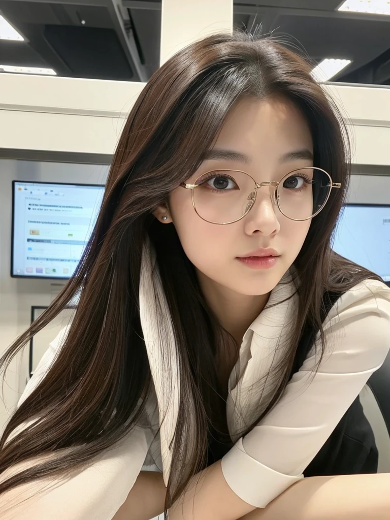 Beautiful body, Beautiful face, big breasts, long hair, office work, Stylish glasses