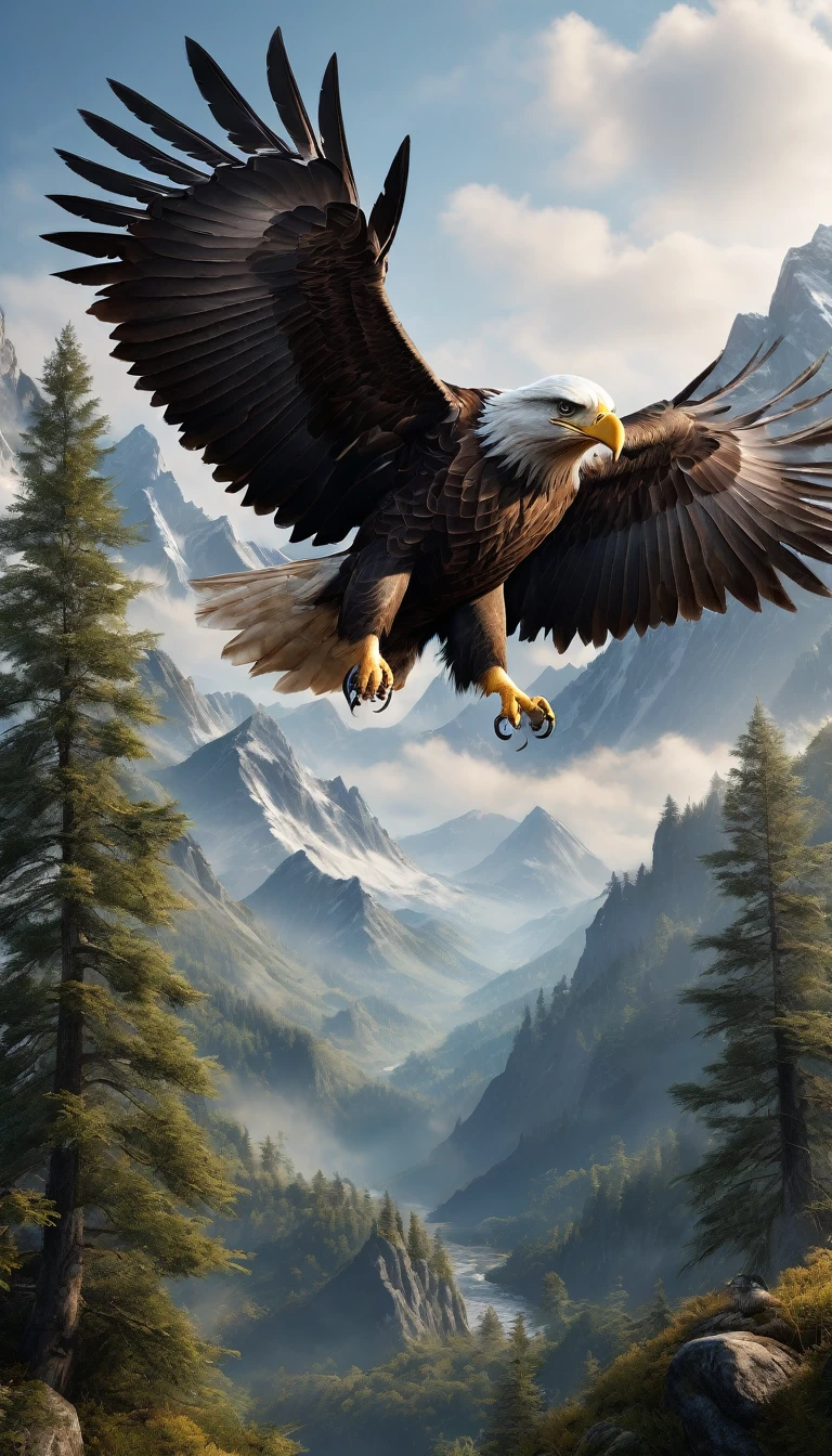 Mountains and forests,There is a kind of bird,Looks like an eagle but has human hands(best quality,4K,8K,High level,masterpiece:1.2),Ultra Detailed,(lifelike,Photo real,Photo real:1.37),Highly detailed animals,Realistic lighting,Fantasy Creatures
