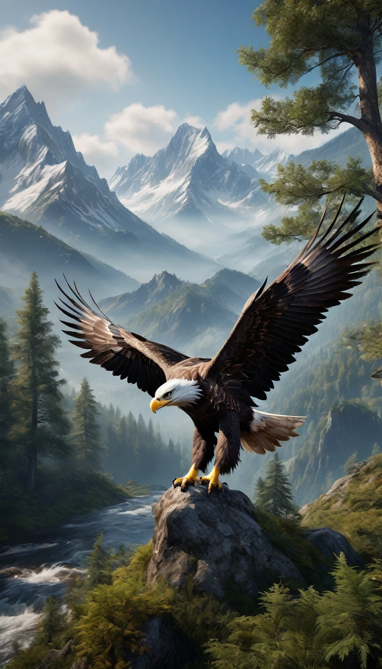 Mountains and forests,There is a kind of bird,Looks like an eagle but has human hands(best quality,4K,8K,High level,masterpiece:1.2),Ultra Detailed,(lifelike,Photo real,Photo real:1.37),Highly detailed animals,Realistic lighting,Fantasy Creatures