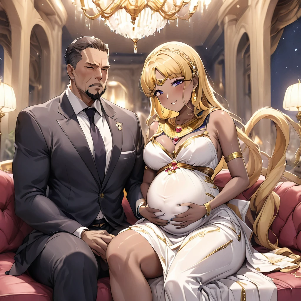 ((Highest quality)), ((masterpiece)), (detailed), （Perfect Face）、The woman is a Thai girl named Tsukino Usagi, and is in a luxurious Thai mansion wearing a gorgeous, glittering, gold-embroidered traditional Thai dress, lavish jeweled accessories and an engagement ring. The woman and the man are sitting on a large, luxurious sofa in the luxurious room, and the woman is being embraced by a dignified, middle-aged Thai man wearing a rugged Thai traditional dress, who is touching her breasts and groin and kissing her.、The woman is the elegant Tsukino Usagi, with long blonde hair in a chignon twin tail, and the woman is a Thai girl wearing a gorgeous Thai dress.、the woman is pregnant、The man is a dignified, sturdy, bearded, middle-aged Thai man wearing Thai national costume.