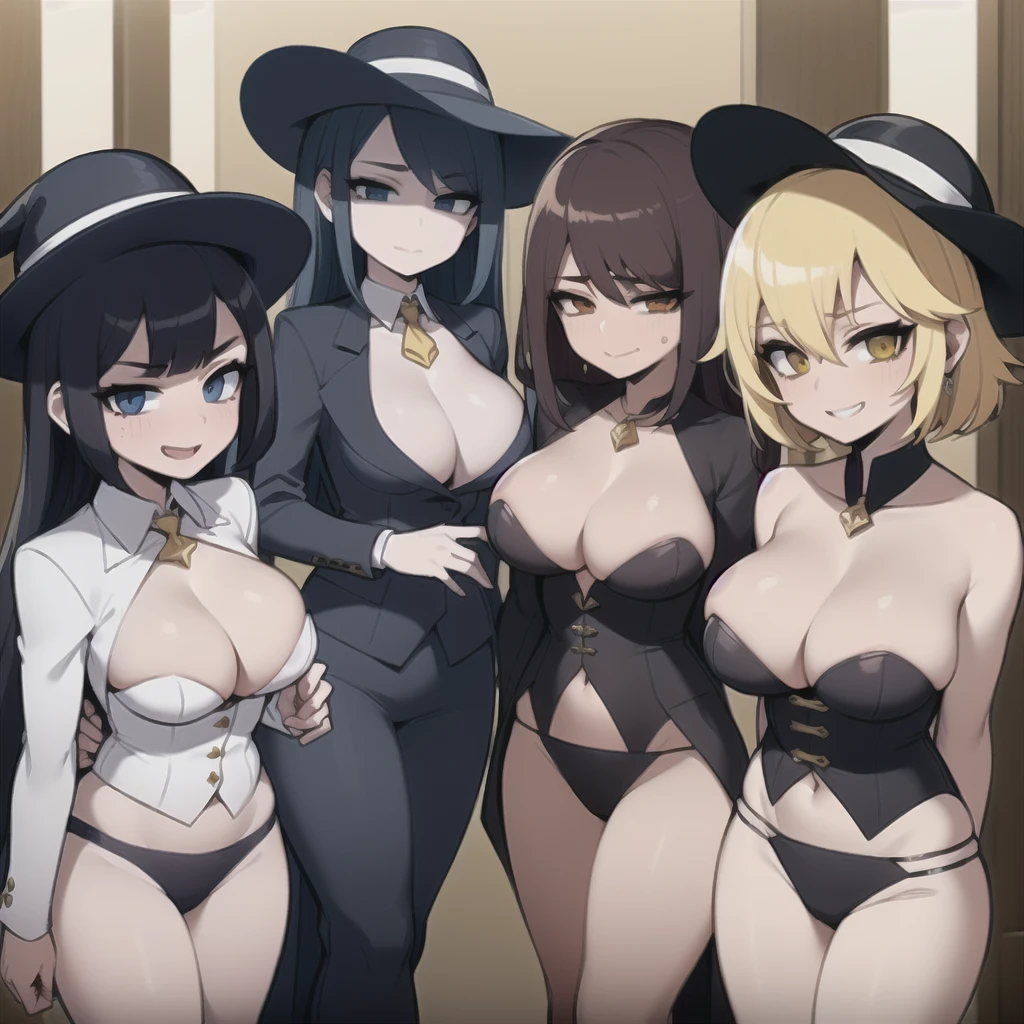 four sexy women who are wives of s old boy, looking at camera, seductive smiles, portrait, various hair colors, opened mouths moaning, sunhats and stocking