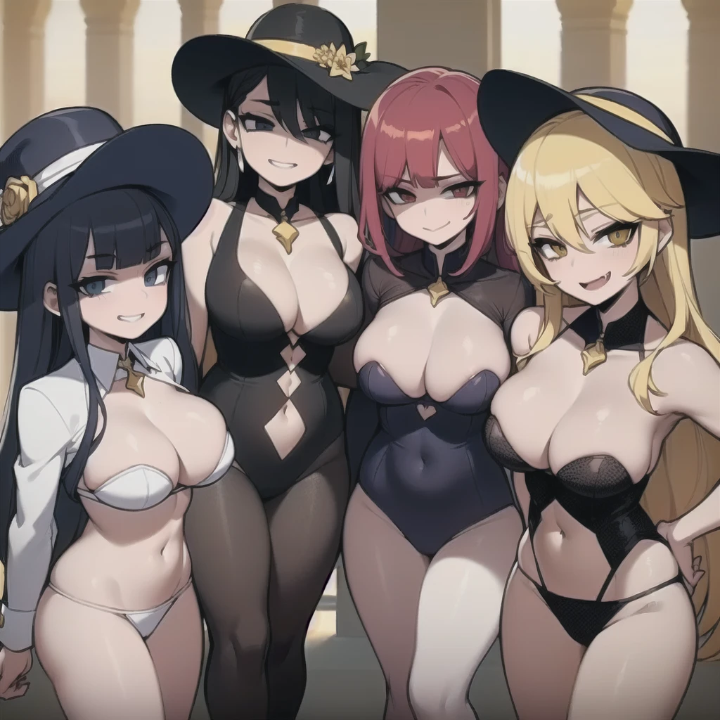 four sexy women who are wives of boy, looking at camera, seductive smiles, portrait, various hair colors, opened mouths moaning, sunhats and stocking