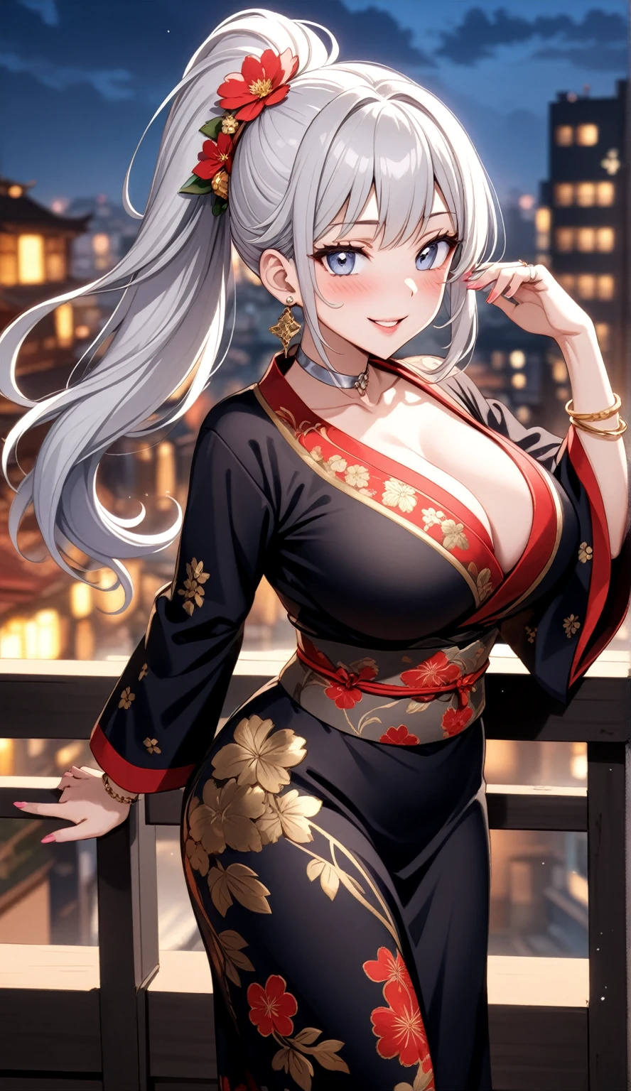 ((One personの女性)), Beautiful Face, (Laughing embarrassedly), (seductive smile:1.4), ((Wink:1.9)), (head tilt:1.3), Laugh with your mouth wide open, upper teeth, looking at viewer, ((full-face blush:1.6)),Glossy Red Lips,Night view, High terrace, firework, Glossy red lips, Shining Face, ((Anime style background)),masterpiece, Highest quality, so beautiful,up to date, Complex details, (Pink long nails),(ring),(bracelet),(Floral choker),AI-generated, Complex,High resolution, Highest quality, super high quality,3D Images、3D Images,One person,Long white hair,High Ponytail, Anime woman posing for a photo,(blue eyes), ((Fine grain、Silvery white, lightly pigmented eyes、Shining Eyes:1.3)), (Squint your eyes:1.1),a hyperRealistic , hyperRealistic , Realistic,Anime woman with long white hair, Smooth anime CG art, A woman in a colorful kimono with gold embroidery, ((Black long sleeve kimono)),Red floral pattern,Long flower hair ornament,Earrings,Mature Body,(Big Breasts:1.1),Tall,Abdominal muscles,Tight waist,(Leaning forward), (hip focus:1.1), ((looking back)),