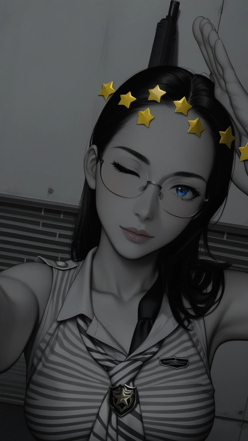masterpiece, best quality, medium breasts, 1girl, solo, solo focus, (red hair, long hair, blue eyes, bangs), (full body), salute, standing, :d, looking at viewer, one eye closed, japanese police uniform, glasses, (white shirt), (black pants, tie), matching shoes, (badge), (perfect hands, perfect anatomy), cowboy shot, ((beautiful detailed eyes)), cute face. police station backdrop, indoors.
