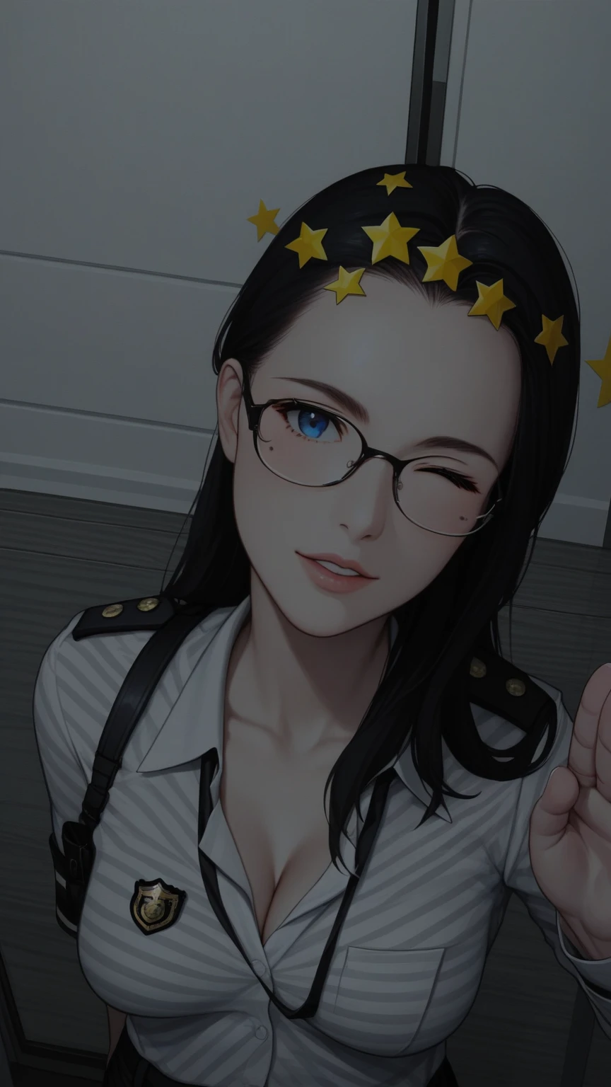 masterpiece, best quality, medium breasts, 1girl, solo, solo focus, (red hair, long hair, blue eyes, bangs), (full body), salute, standing, :d, looking at viewer, one eye closed, japanese police uniform, glasses, (white shirt), (black pants, tie), matching shoes, (badge), (perfect hands, perfect anatomy), cowboy shot, ((beautiful detailed eyes)), cute face. police station backdrop, indoors.