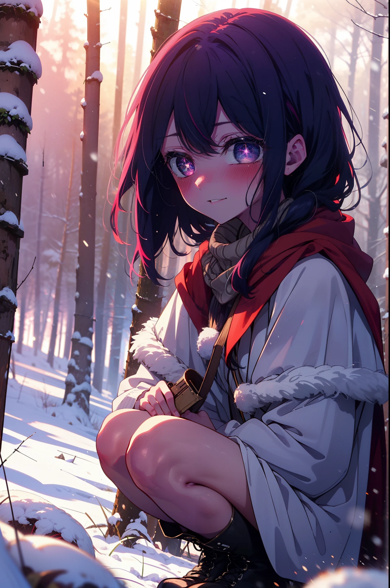 aihoshino, Ai Hoshino, Long Hair, bangs, (Purple eyes:1.1), Purple Hair, (Symbol-shaped pupil:1.5), smile,,smile,blush,White Breath,
Open your mouth,snow,Ground bonfire, Outdoor, boots, snowing, From the side, wood, suitcase, Cape, Blurred, , forest, White handbag, nature, Squat, Mouth closed, Cape, winter, Written boundary depth, Black shoes, red Cape break looking at viewer, Upper Body, whole body, break Outdoor, forest, nature, break (masterpiece:1.2), Highest quality, High resolution, unity 8k wallpaper, (shape:0.8), (Beautiful and beautiful eyes:1.6), Highly detailed face, Perfect lighting, Extremely detailed CG, (Perfect hands, Perfect Anatomy),