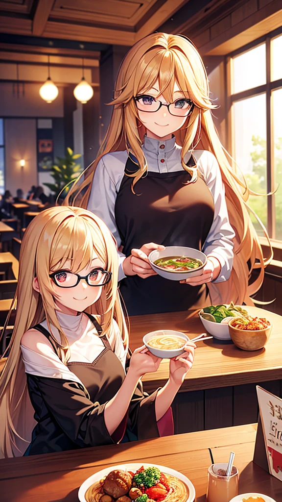 An anime-style woman with long blonde hair and glasses is enjoying a meal at a restaurant. She is holding a small cup of tea and smiling. The table in front of her has a large bowl of ramen with vegetables and meatballs, along with two tall drinks, one with a straw and ice cubes and another with a slice of lemon. The background features large windows with sunlight streaming in and a cozy, modern interior.