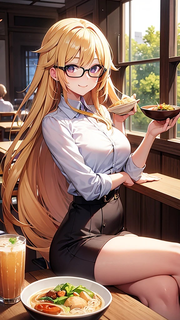 An anime-style woman with long blonde hair and glasses is enjoying a meal at a restaurant. She is holding a small cup of tea and smiling. The table in front of her has a large bowl of ramen with vegetables and meatballs, along with two tall drinks, one with a straw and ice cubes and another with a slice of lemon. The background features large windows with sunlight streaming in and a cozy, modern interior.