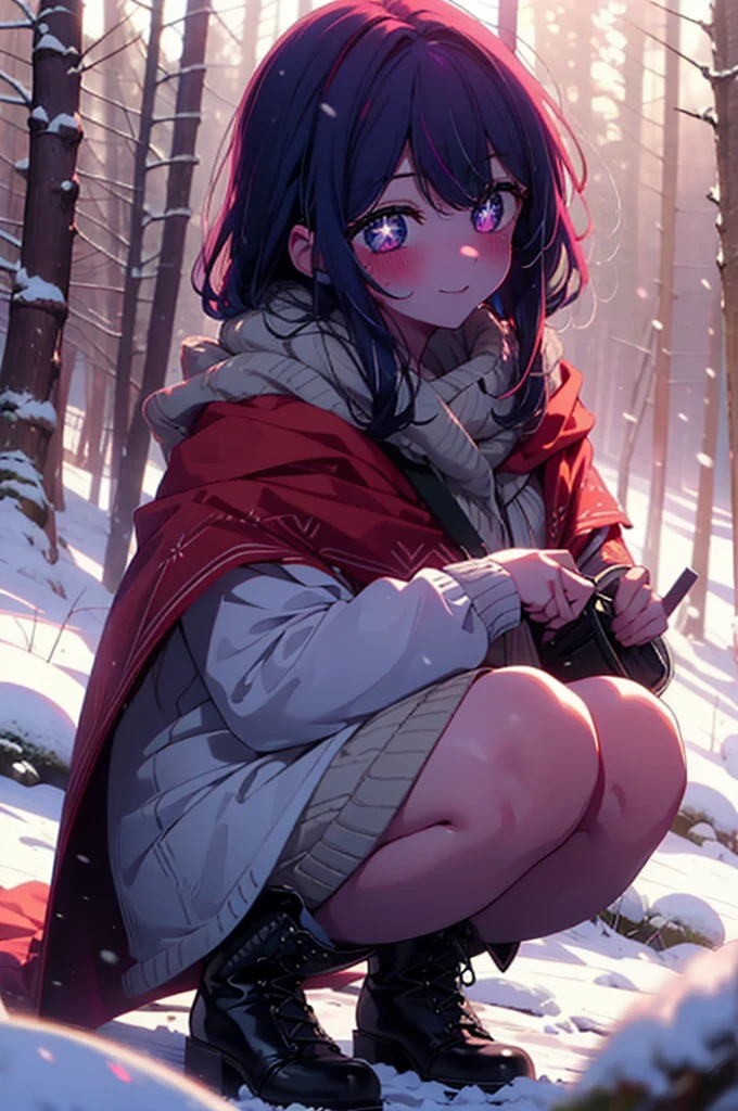 aihoshino, Ai Hoshino, Long Hair, bangs, (Purple eyes:1.1), Purple Hair, (Symbol-shaped pupil:1.5), smile,,smile,blush,White Breath,
Open your mouth,snow,Ground bonfire, Outdoor, boots, snowing, From the side, wood, suitcase, Cape, Blurred, , forest, White handbag, nature,  Squat, Mouth closed, Cape, winter, Written boundary depth, Black shoes, red Cape break looking at viewer, Upper Body, whole body, break Outdoor, forest, nature, break (masterpiece:1.2), Highest quality, High resolution, unity 8k wallpaper, (shape:0.8), (Beautiful and beautiful eyes:1.6), Highly detailed face, Perfect lighting, Extremely detailed CG, (Perfect hands, Perfect Anatomy),